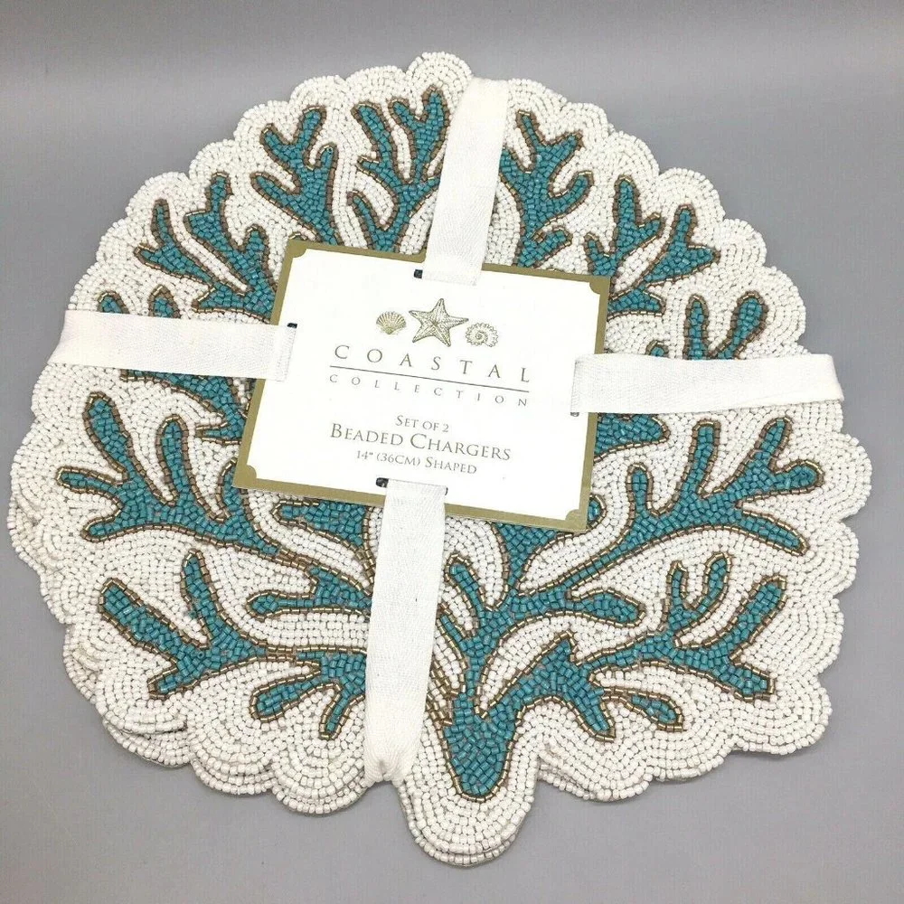 x2 Coastal Collection Beaded Ocean Blue Coral Reef Placemat Set Beach Decor 15